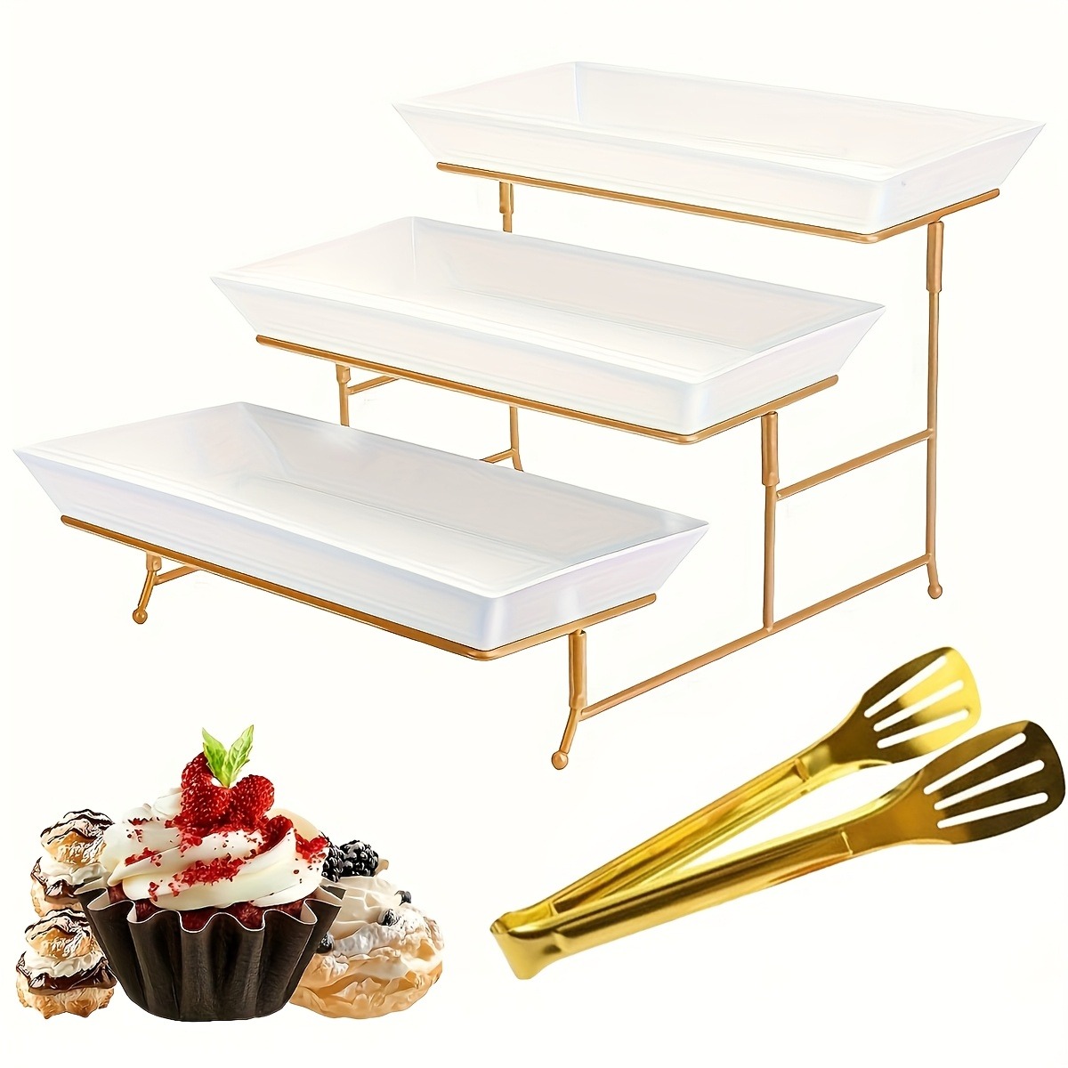 Cupcake Stand Tier - White Tiered Serving Stand + Tong,