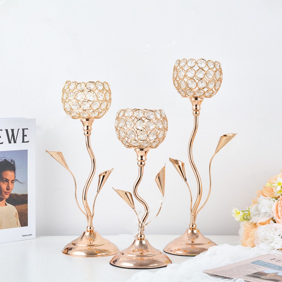 Centerpiece Stick - Gold Crystal Candle Holder, Iron Flower