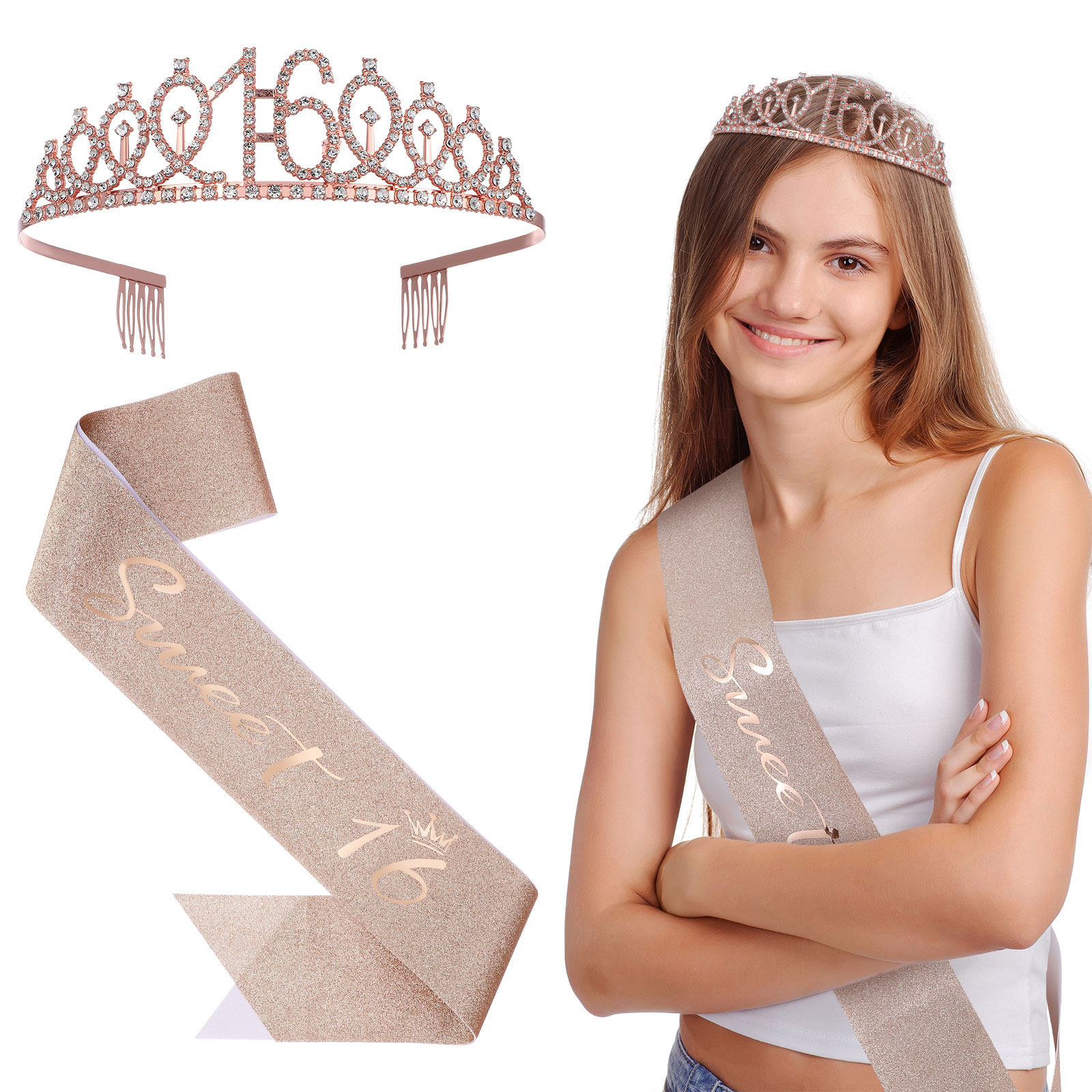 Birthday Sash Glitter - 1Set Glittering Birthday Tiara Headband and